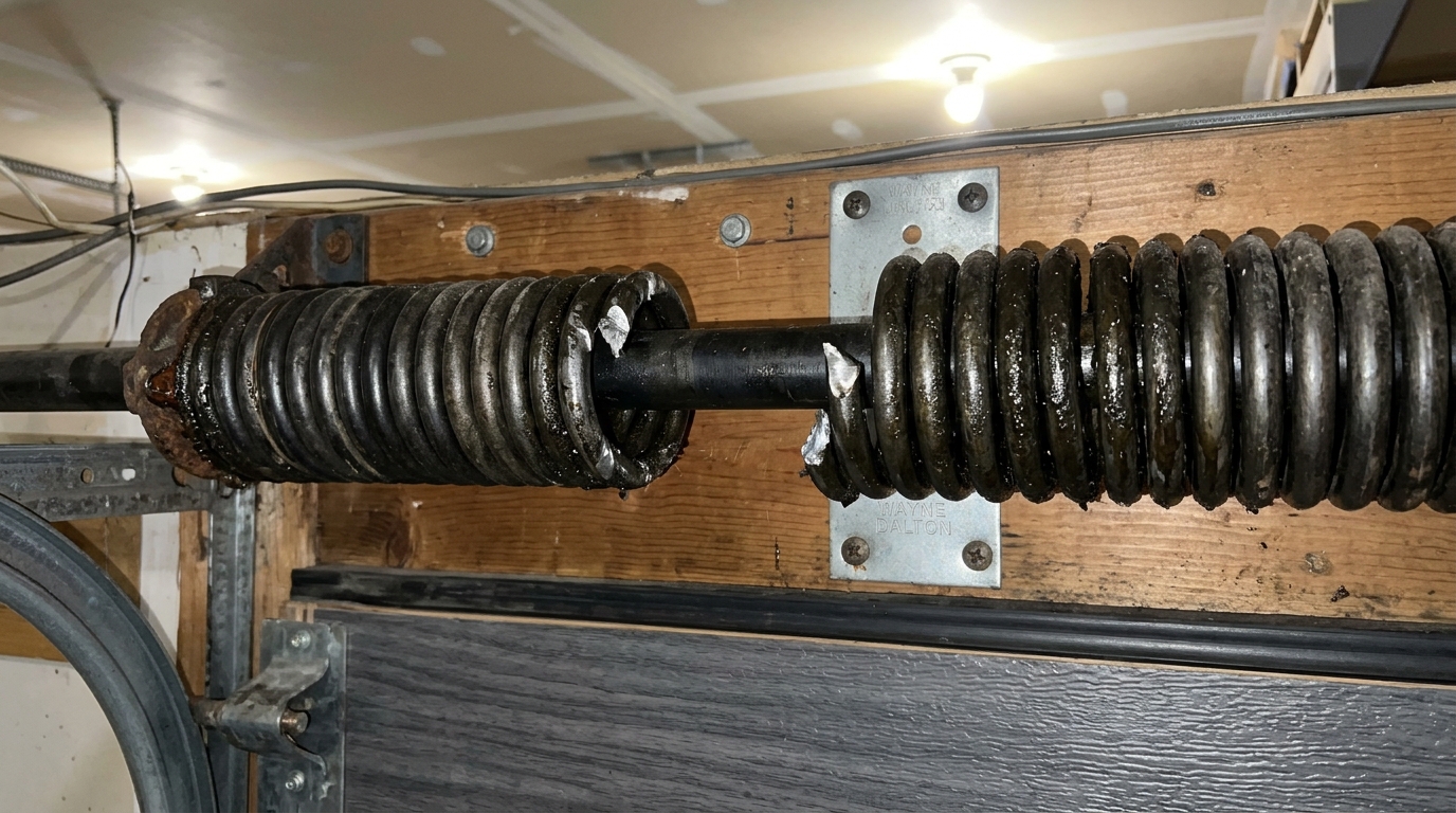 Field diagnostic inspection: Example of sheared high-carbon garage door torsion spring coil fracture gap