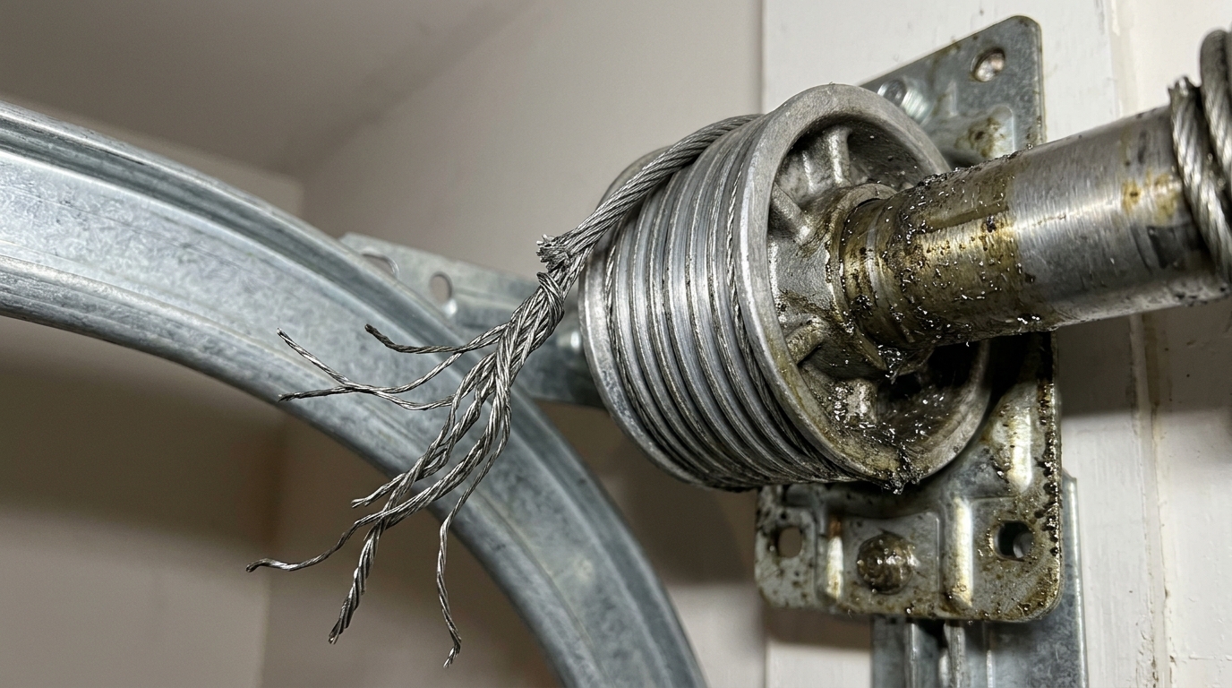 Diagnostic inspection: Example of snapped and frayed garage door lift cable dangling from drum